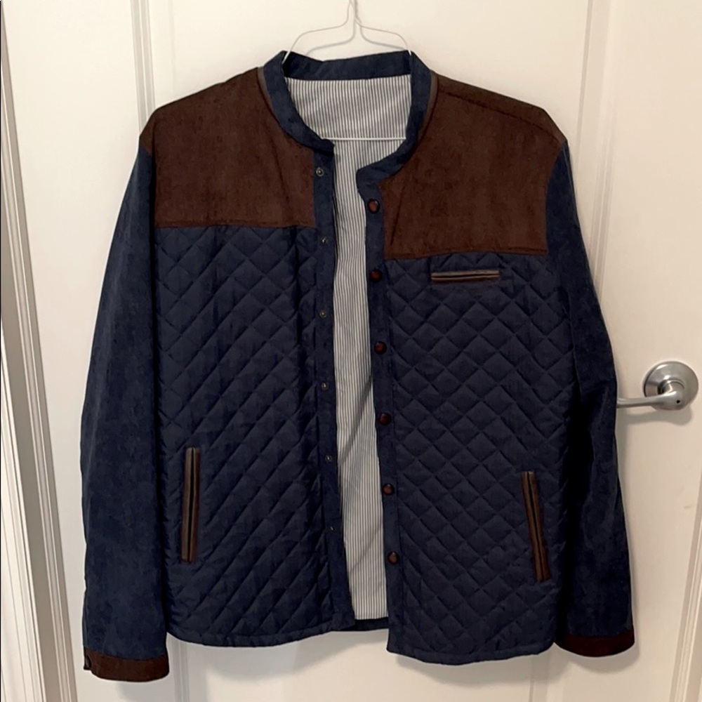 Blue quilted button down jackets w/leather accents